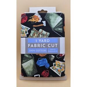 Fabric Editions 1 Yard Fabric Cut 100% Cotton Camping Gear Print Black 36x42 In
